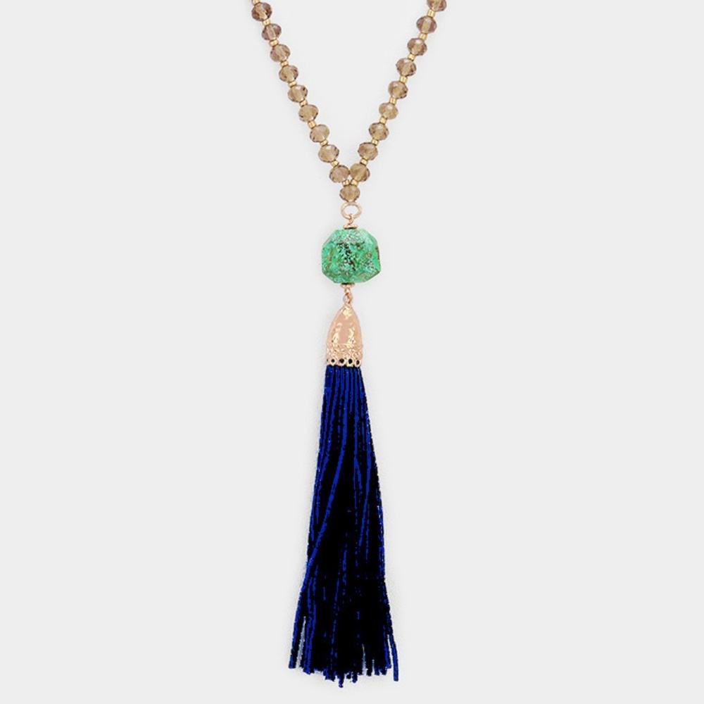 Semi Precious Beaded Suede Tassel Necklace